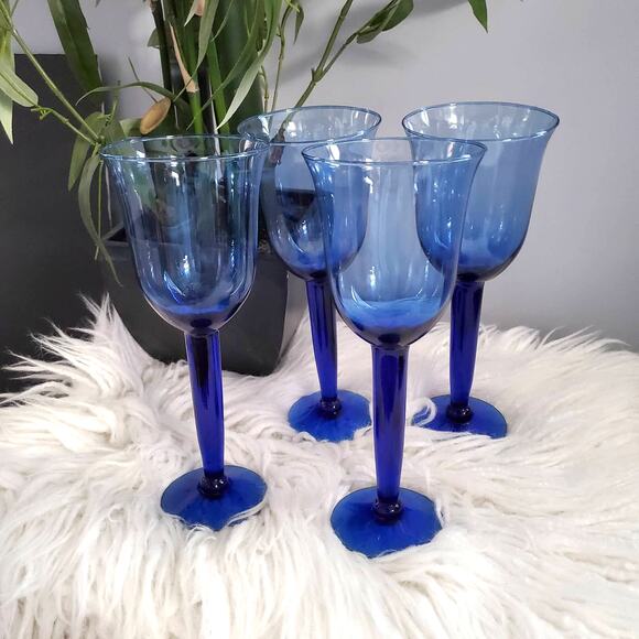 Tall Cobalt Blue  long Stem Wine Water Glasses Set of 4 - Picture 1 of 6